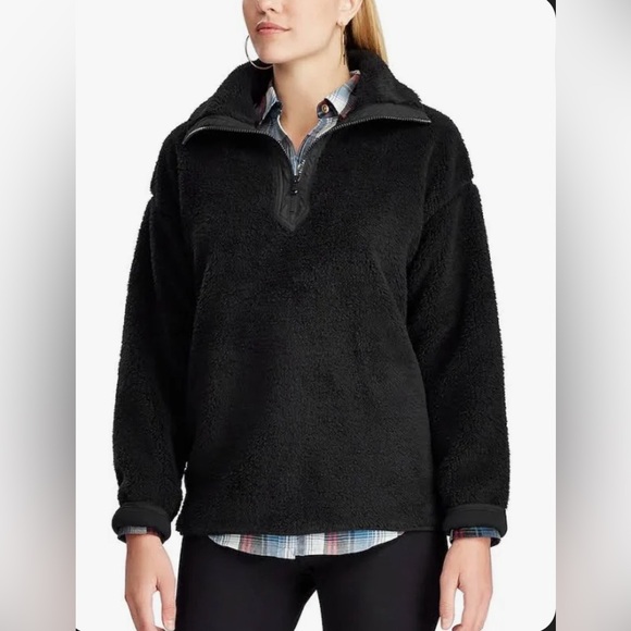 Chaps Jackets & Blazers - Women’s Chaps Quarter Zip Black Sherpa Pullover Jacket